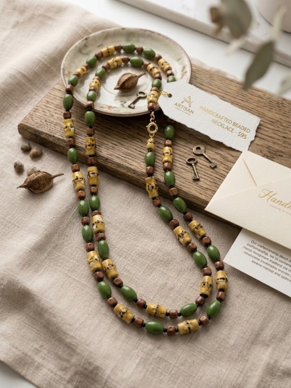 Handcrafted Style Long Green Yellow Brown Beaded Necklace Boho